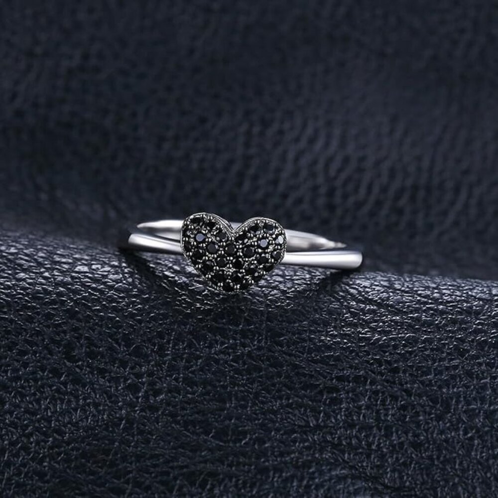 🖤 Black Spinel Heart Ring - 925 Sterling Silver